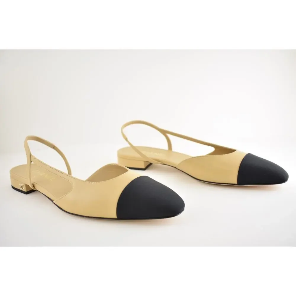 Chanel REV Beige Leather Black Cap CC Logo Coco Sling Slingback Ballet Flat 42.5